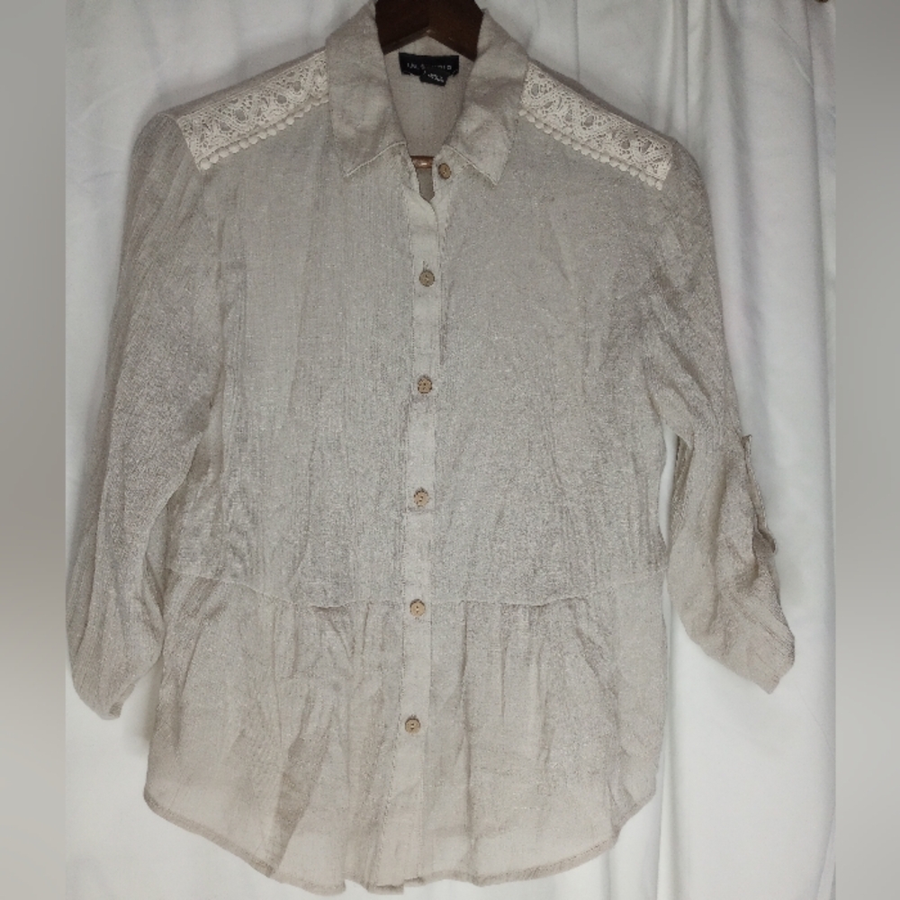 I.N. Studio Cream Boho Fairy Cottagecore Shirt Button P/S Petite Flowy Scandi